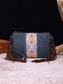 Fringed Crossbody Bag Intricate Embossing, Colorful Weave, Perfect For Adding Bohemian Vibe - 藍色 - 查看 1