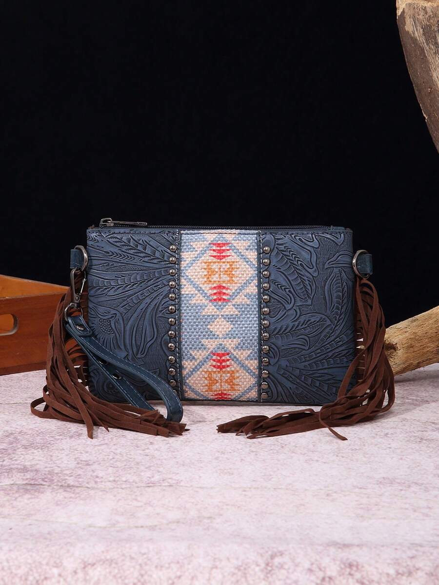 Fringed Crossbody Bag Intricate Embossing, Colorful Weave, Perfect For Adding Bohemian Vibe - 藍色 - 查看 1