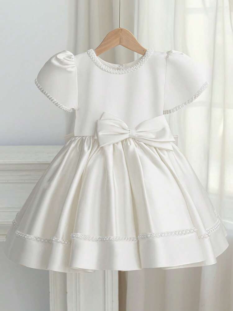Vestido Branco de Alta Qualidade para Meninas com Decoração de Laço Grande, Vestido de Dama de Honra para Festa de Aniversário, Casamento - Branco - Visão 1
