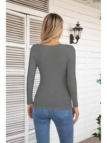Womens Fashion Fall Cutout Long Sleeve Ribbed Slim Fitted Tops Shirts Tee Tshirts - 長灰 - 查看 4