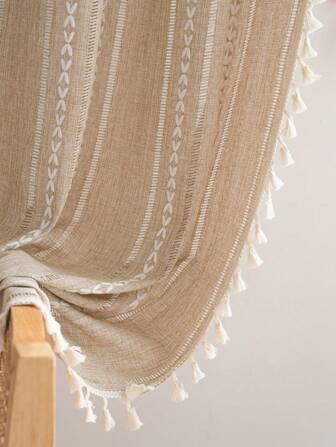 Tokoto 1 件简约线条刺绣镂空遮光窗帘，乡村复古风格，米色流苏家居装饰隐私门帘，波西米亚风格窗帘，适用于卧室、客厅、厨房、餐厅、酒店、节日装饰，四季皆宜