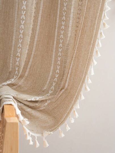 Tokoto 1pc Simple Line Embroidery Hollow Out Blackout Curtain, Rustic Vintage Style With Beige Tassels Home Decor Privacy Door Curtain, Boho Curtain Suitable For Bedroom, Living Room, Kitchen, Dining Room, Hotel, Holiday Decoration, All Season
