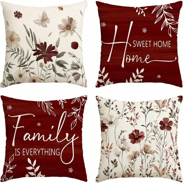 Fall Home Flowers Red Pillow Covers, 18 X 18 Inch Family Is Everything Seasonal Thanksgiving Harvest Cushion Case Decoration For Sofa Couch