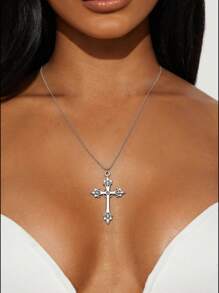 1pc Vintage Gothic Cross Pendant Beaded Necklace, Women Fashion Jewelry Accessory, Suitable For Daily Wear And Party, Gifts For Women