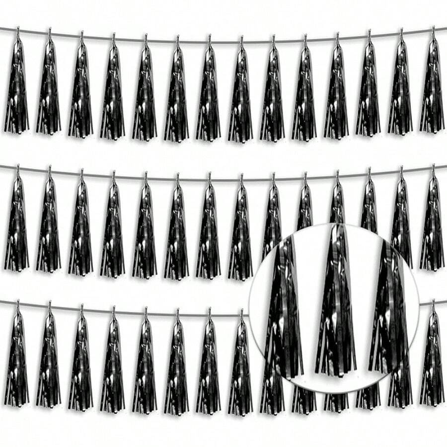 3P Metallic Fringe Tassel Banner Garland Foil Tinsel Streamer Wall Hanging Curtain Backdrop Banner For Parade Floats, Graduation Decorations, Father's Day Party Decoration(Silver)Halloween Christmas New Year - 黑色 - 查看 1