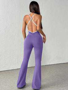 1 件套无袖纯色薄吊带背心撞色紧身连体衣阔腿喇叭裤休闲性感露背连体衣