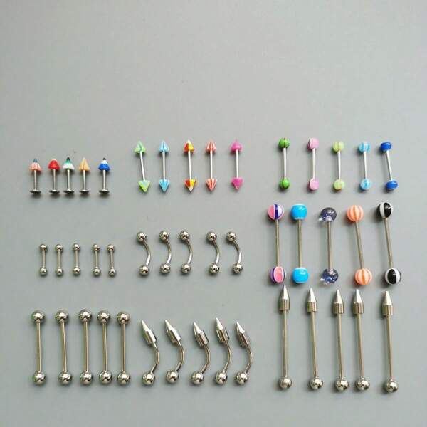 45pcs Stainless Steel & Acrylic Body Piercing Jewelry Set, Includes 9 Styles (5pcs Each), Tongue Rings & Nose Rings For Men & Women
