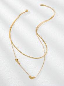 1 件简约休闲双层项链，带心形标签“LOVE”长毛衣链，女士日常服装配饰