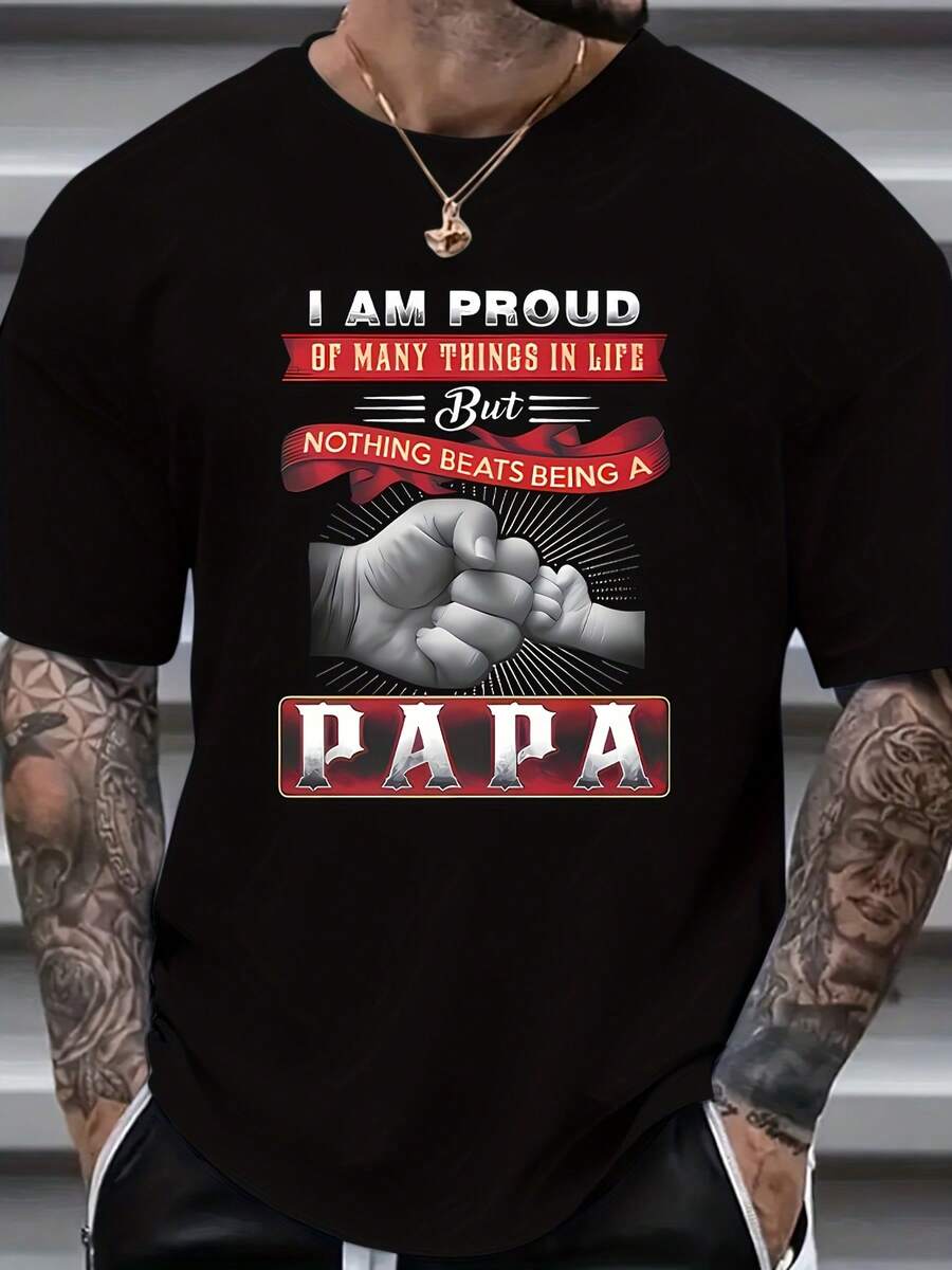 Camiseta gráfica de algodón para hombres de talla grande - Diseño "Papa" con golpe de puño, texto rojo en negrita y cita inspiradora| Estilo de Ropa Casual Cómoda y Elástica para Atuendos Casuales - Negro - Ver 1