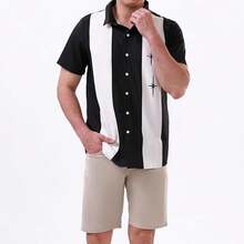 Vintage 1950s Casual Short Sleeve Button Up Contrast Summer Color Block Cuban Bowling Shirts Men - 星星 - 查看 4