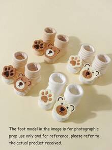 4 đôi tất cổ cao dày ấm áp họa tiết gấu dễ thương cho trẻ sơ sinh/trẻ nhỏ, thích hợp cho mùa thu/đông - Nhiều màu - Xem 3