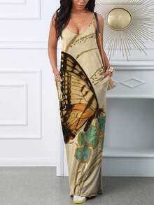 ChicMe 女式蝴蝶印花细肩带宽松长裙，带口袋，低领休闲优雅无袖太阳裙，适合日常约会 - 卡其色 - 查看 1