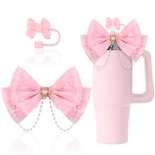 QY Coquette Bow Straw Topper With Covers Pink Stanley Cup Decor Accessories Straw Cover Cap For 910mm Silicone Boot Compatible With Stanley Cup 30 40oz DIY Gifts Idea Decor 2216 - Pink - View 2