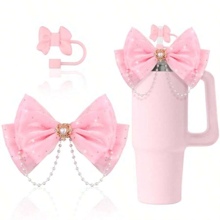 QY Coquette Bow Straw Topper With Covers Pink Stanley Cup Decor Accessories Straw Cover Cap For 910mm Silicone Boot Compatible With Stanley Cup 30 40oz DIY Gifts Idea Decor 2216