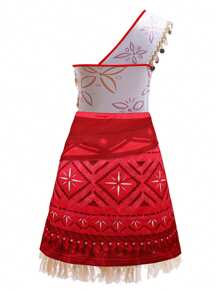 2pcs/Set Girls Red Sleeveless One-Shoulder Dress & Necklace Set, Children Princess Role-Play Stage Performance Halloween Costume
