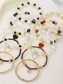 5pcs Pearl & Crystal Beaded Bracelet Set, Fashion Multilayer Wrist Accessories For Women