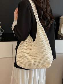 Yogodlns Women's Aesthetic Crochet Beach Shopper Tote Knitted Net Underarm Bag For Summer Versatile Shoulder Bag Women's Shoulder Bags Casual Woven Ladies Handmade Totes Large Capacity Summer Beach Female's Messenger Bag , Beach Bag , Crochet - Beige - View 3