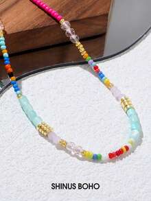 女士串珠项链，彩色彩虹波西米亚风混合串珠水晶项链，颈链，沙滩饰品（珠子颜色随机） - 彩色 - 查看 5