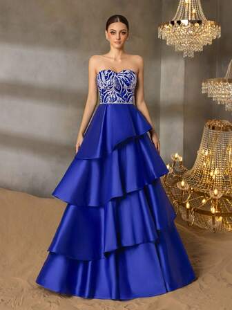 Faeriesty 优雅奢华的闪亮珠饰管搭配多层缎面拖尾——露背系带设计，适合婚礼、庆典、戛纳派对、舞会、红毯活动、高端宴会和颁奖典礼