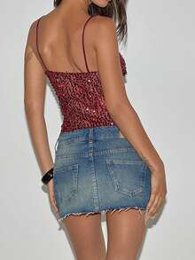 Women's Summer Sequin Tops Spaghetti Strap Sleeveless Backless Fashion Vest Clubwear For Party Holiday - 酒紅色 - 查看 4