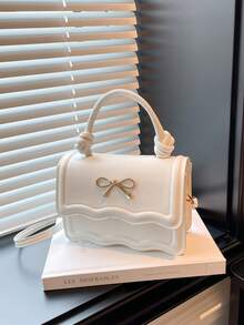 时尚纯色手提包，休闲折痕翻盖小方包，蝴蝶结金属五金锁扣，女士手提单肩斜挎包，春夏新款 - 白色 - 查看 7