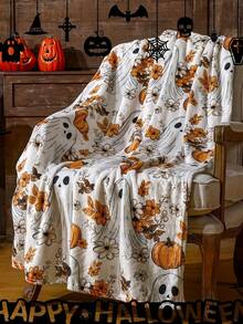 1 件万圣节南瓜和鬼魂拼布毯 - 可翻转四季涤纶毯，适合居家/旅行 - 可机洗 70x100 厘米