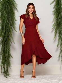 Women's Midi Dress With V-Neck Tied At The Waist - Burgundy - View 1