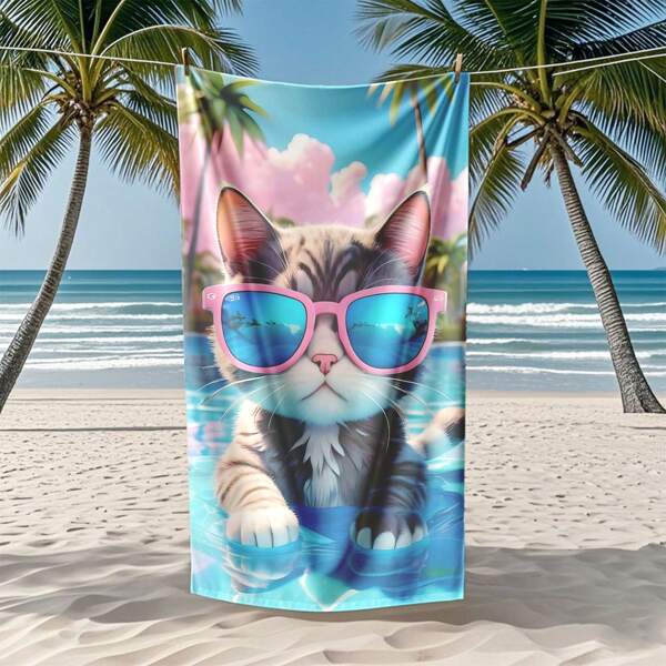 1pc Beach Towel, Fashionable Beach Cartoon Cat Design Beach Towel, Large Beach Towel, Beach Blanket, Microfiber Towel, Picnic Mat Two-In-One Super Large Polyester Fiber Beach Blanket, Anti-Sand Quick-Drying Towel, Summer Travel Essential, Playa, Camping, Bathroom, Swimming Pool, Beach Essential, Bathroom Bath Towel, Cruise Essential, Beach Accessories, Hawaii