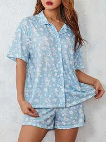 Women 2 Piece Pajamas Set Short Sleeve Floral Print Button Shirt Tops Shorts - Màu xanh lam - Xem 6