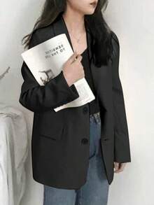 Blazers de Mujer, Mujeres casual suelta otoño Inglaterra delgada chaqueta de negocios ,Blazer informal de poliéster con cuello de solapa, botones al frente, manga larga y bolsillos para mujer, corte regular para uso diario - Negro - Ver 4