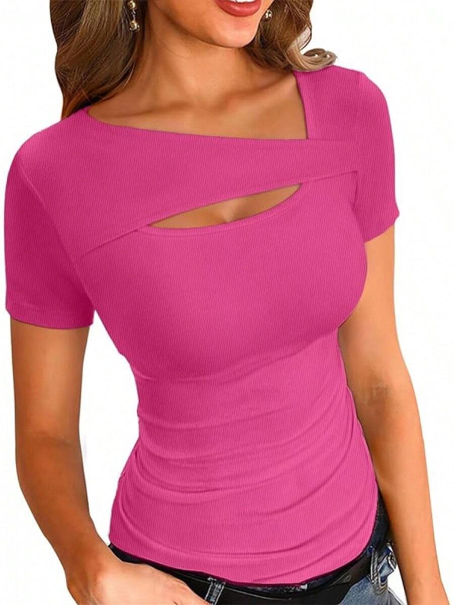 Womens Fashion Fall Cutout Long Sleeve Ribbed Slim Fitted Tops Shirts Tee Tshirts - 短粉紅色 - 查看 1