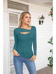 Womens Fashion Fall Cutout Long Sleeve Ribbed Slim Fitted Tops Shirts Tee Tshirts - Long-teal - View 2
