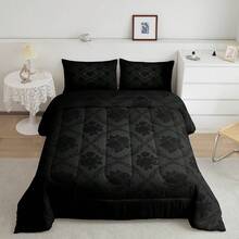Feelyou 2/3Pcs Adults Gothic Comforter Set, Vintage Rose Floral Comforter, Ombre Black Damask Bedding Set, Luxury Flower Duvet Set, Decorations Quilt Set, With 1/2 Pillowcases, Room Decor, All Season Soft Warm, Festival Birthday Gifts Decoration Ornaments - 黑色 - 查看 1