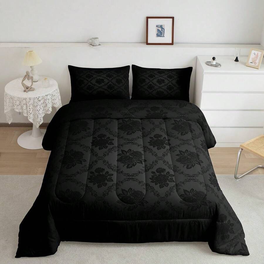 Feelyou 2/3Pcs Adults Gothic Comforter Set, Vintage Rose Floral Comforter, Ombre Black Damask Bedding Set, Luxury Flower Duvet Set, Decorations Quilt Set, With 1/2 Pillowcases, Room Decor, All Season Soft Warm, Festival Birthday Gifts Decoration Ornaments - 黑色 - 查看 1