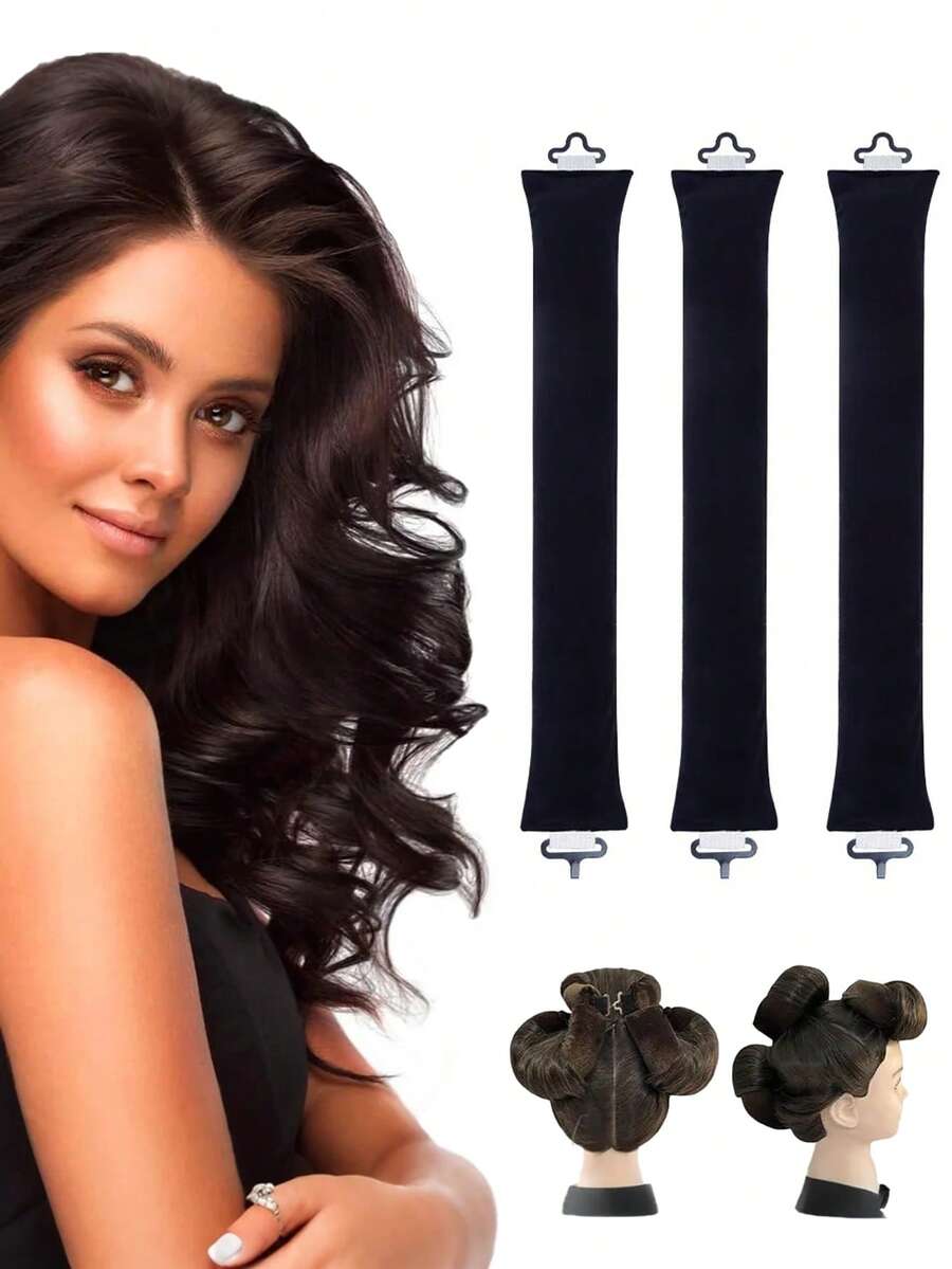 3pcs No-Heat Hair Curler Set, Black, Overnight Curling, Suitable For Long & Medium Hair, Ideal For Salons, Spas, Daily Use, Hair Accessories