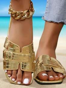 [AFBC-Gem] Women's Flat Sandals,Women's Gold Textured Sandals - Metallic H-Strap Slides, Luxe Summer Sandals With Non-Slip Sole, Fashionable Dressy Outdoor Slippers, Flat Beach Sandals For Vacation.