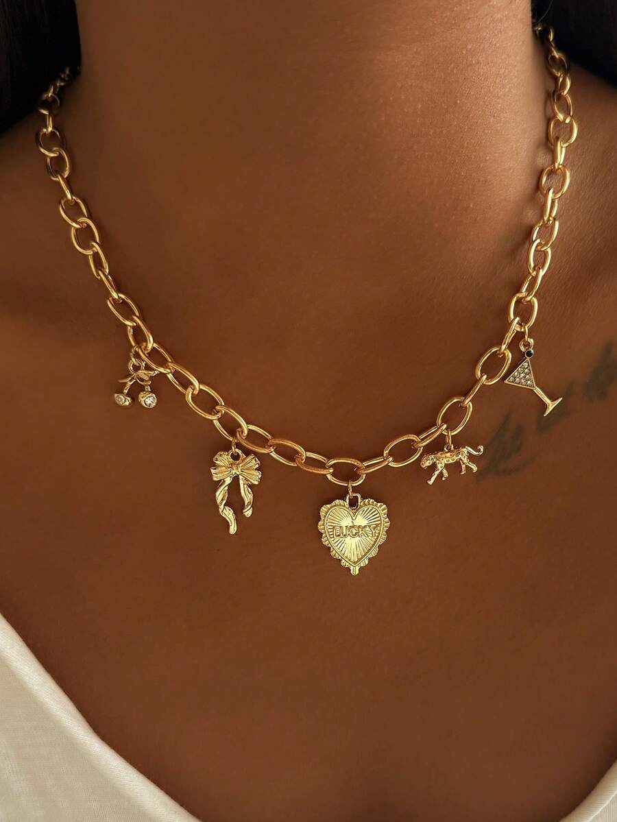 1pc Elegant Charm Necklace With Heart, Bowknot, Wine Glass, Cherry Pendant, Multi-Element Design Suitable For Women's Daily, Dating, Party Wear, Holiday Gift - Yellow Gold - View 1