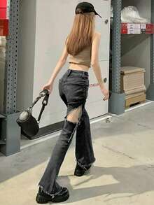 Women's Fashion Hollow Out Drawstring Frayed Hem Flare Leg Jeans - Black - View 2