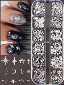 1Box Star Nail Charms For Nails Kit, 3D Silver Nail Charms Butterfly Moon Stars Mixed Design Metallic Studs Gems Nail Rhinestones Star Nail Jewelry For Nail Art Accessories DIY Manicure Supplies ﻿ - Silver - View 1