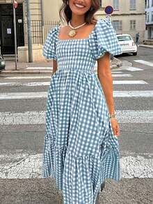 女士格子优雅波西米亚休闲荷叶边褶皱下摆蓝白连衣裙，适合新年、度假、夏季、情人节、生日、派对、节日穿着 - 藍白色 - 查看 4