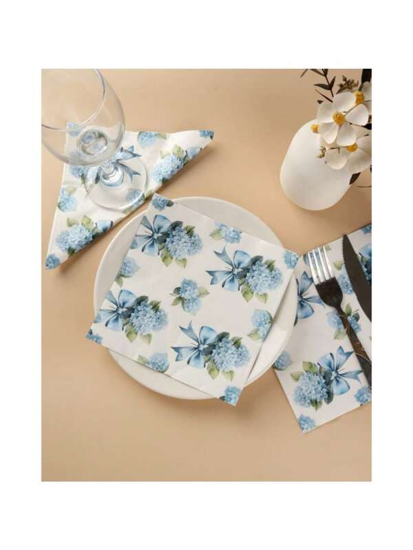 20pcs/40pcs/60pcs Hydrangea Floral Bow Disposable Napkins, Party & Restaurant Decoration Paper Towels
