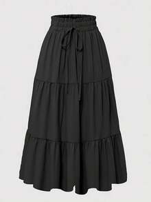 Flowy Tiered Ruffle Hem Skirt For Women Vacation - Black - View 1