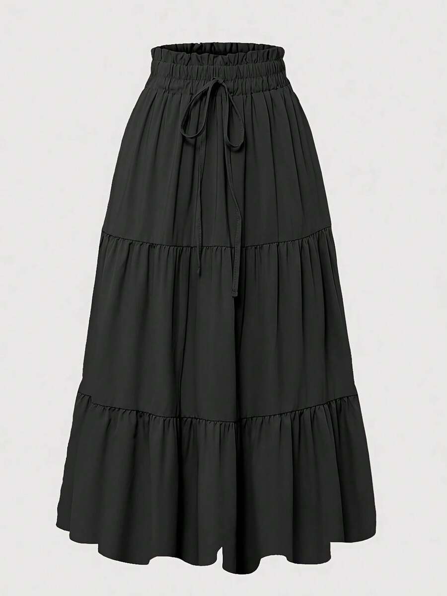 Flowy Tiered Ruffle Hem Skirt For Women Vacation - Black - View 1