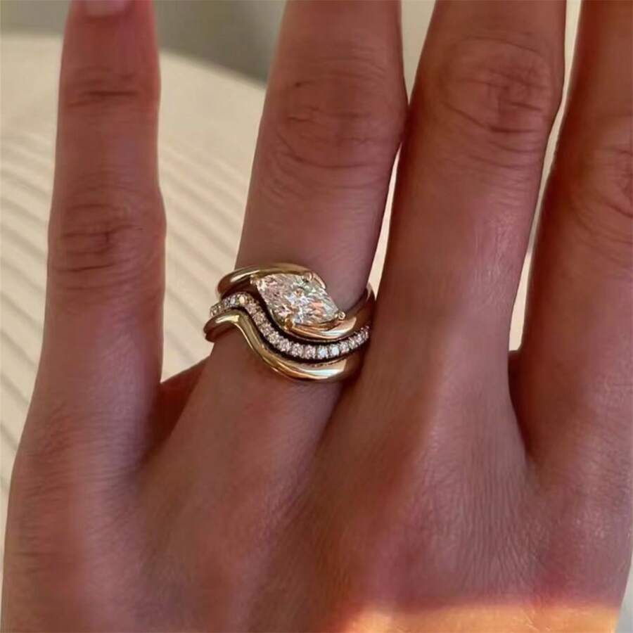 VKHK Bộ 3 chiếc/Bộ nhẫn trang trí bằng đá Zirconia lấp lánh sang trọng, thích hợp cho phụ nữ làm quà cưới/quà tặng - bộ nhẫn - Xem 1