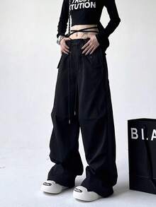 Pantalones de trabajo de las mujeres Pantalones de pierna ancha de América, las mujeres sueltas Yuppie Arrastre Piso Deportes Pantalones Largos - Negro - Ver 3