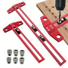 Woodworking 2 In 1 Drilling Positioning Scoring Ruler - Aluminum Alloy Scriber Marking T Square - Multifunctional Dowelling Jig With 6/8/10mm Drill Sleeves And Activity Block - Red - View 1