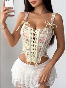 JSE 独立印花交叉系带蝴蝶结束身胸衣 - 黃色 - 查看 2