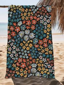1 Pc Colorful Floral Microfiber Beach Towel Green Blue Palm Leaf Monstera Design For Beach, Pool, Camping Travel, Modern Style - Orange - View 3