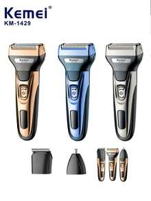 Kemei 三合一电动剃须刀、理发器和鼻毛修剪器套装，带3个刀头的胡须修剪器，USB充电男士面部毛发修剪套装，送给男友的礼物，父亲节礼物（1件）