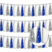 3P Metallic Fringe Tassel Banner Garland Foil Tinsel Streamer Wall Hanging Curtain Backdrop Banner For Parade Floats, Graduation Decorations, Father's Day Party Decoration(Silver)Halloween Christmas New Year - 海軍藍白色銀色 - 查看 1